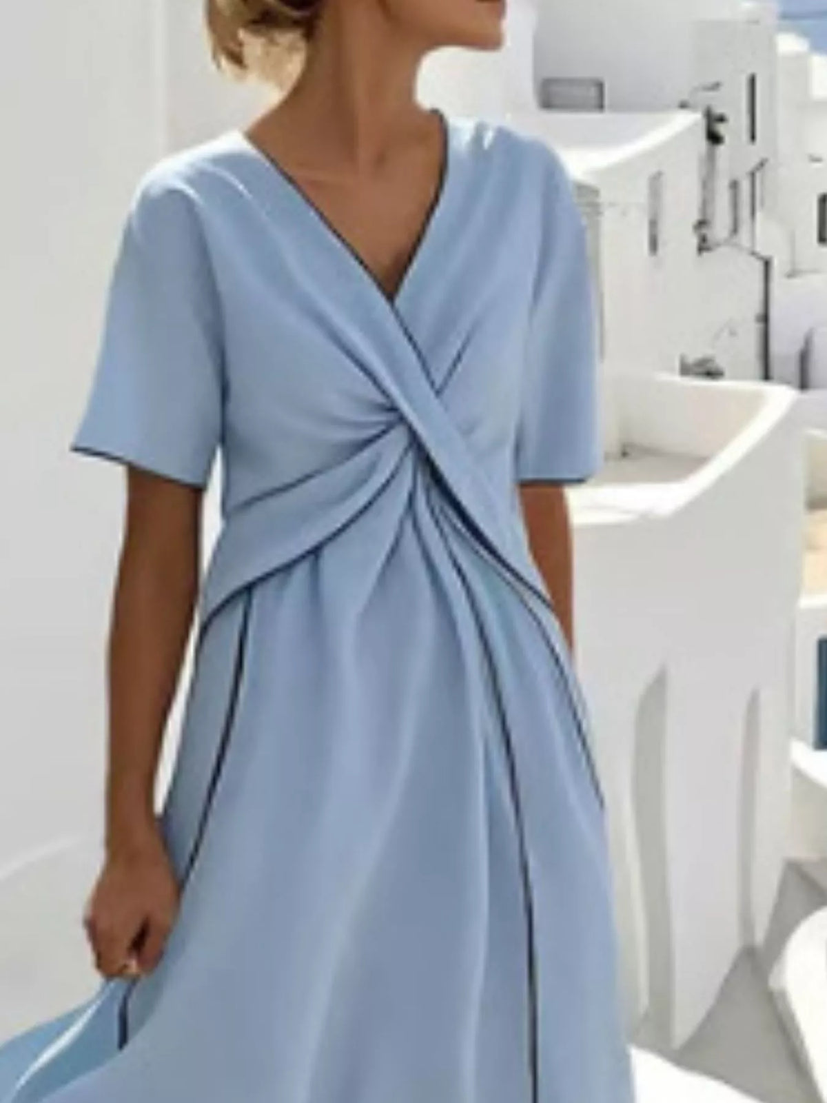 Full Size Striped Surplice Half Sleeve Midi Dress Plus Size - Pastel  Blue - View 2