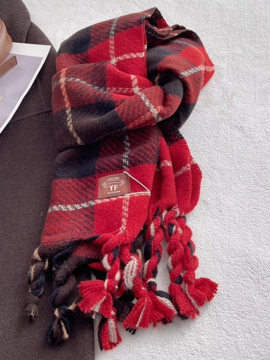 Warm Plaid Tassel Scarf - Burgundy - View 2