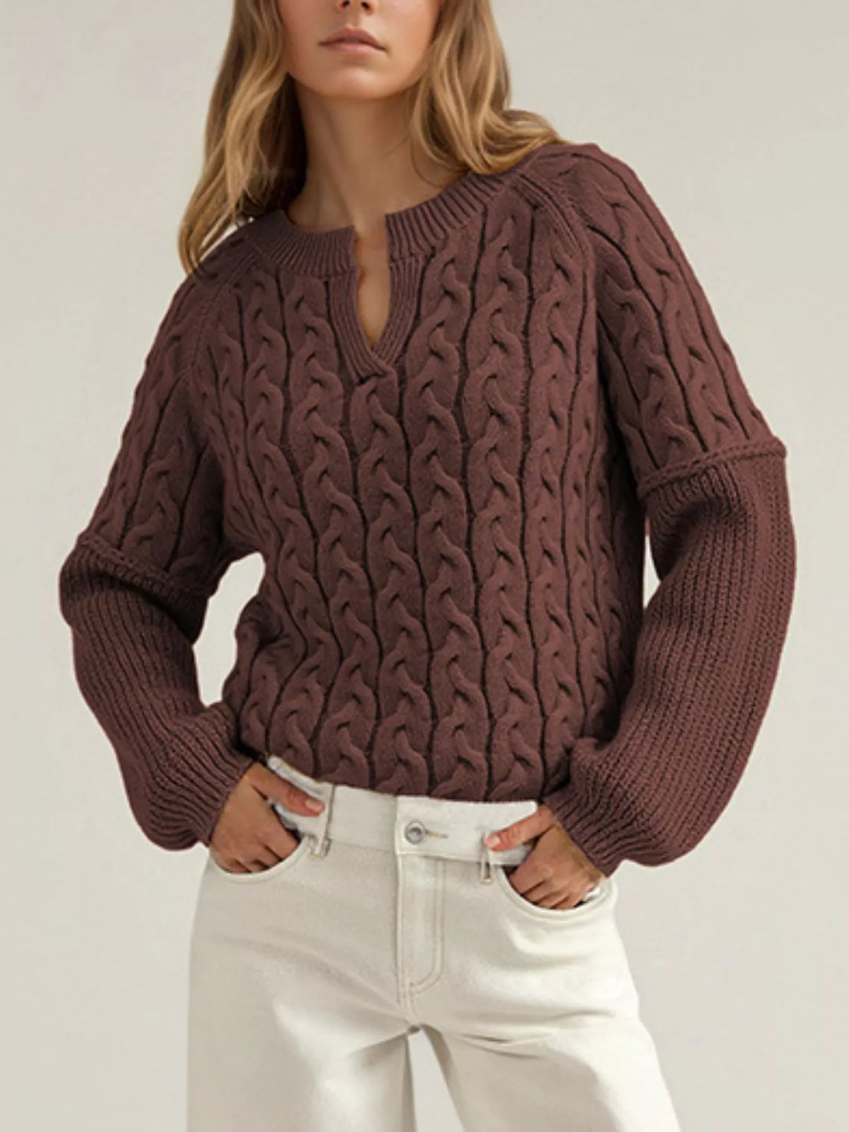Cable-Knit Dropped Shoulder Sweater - Red - View 2