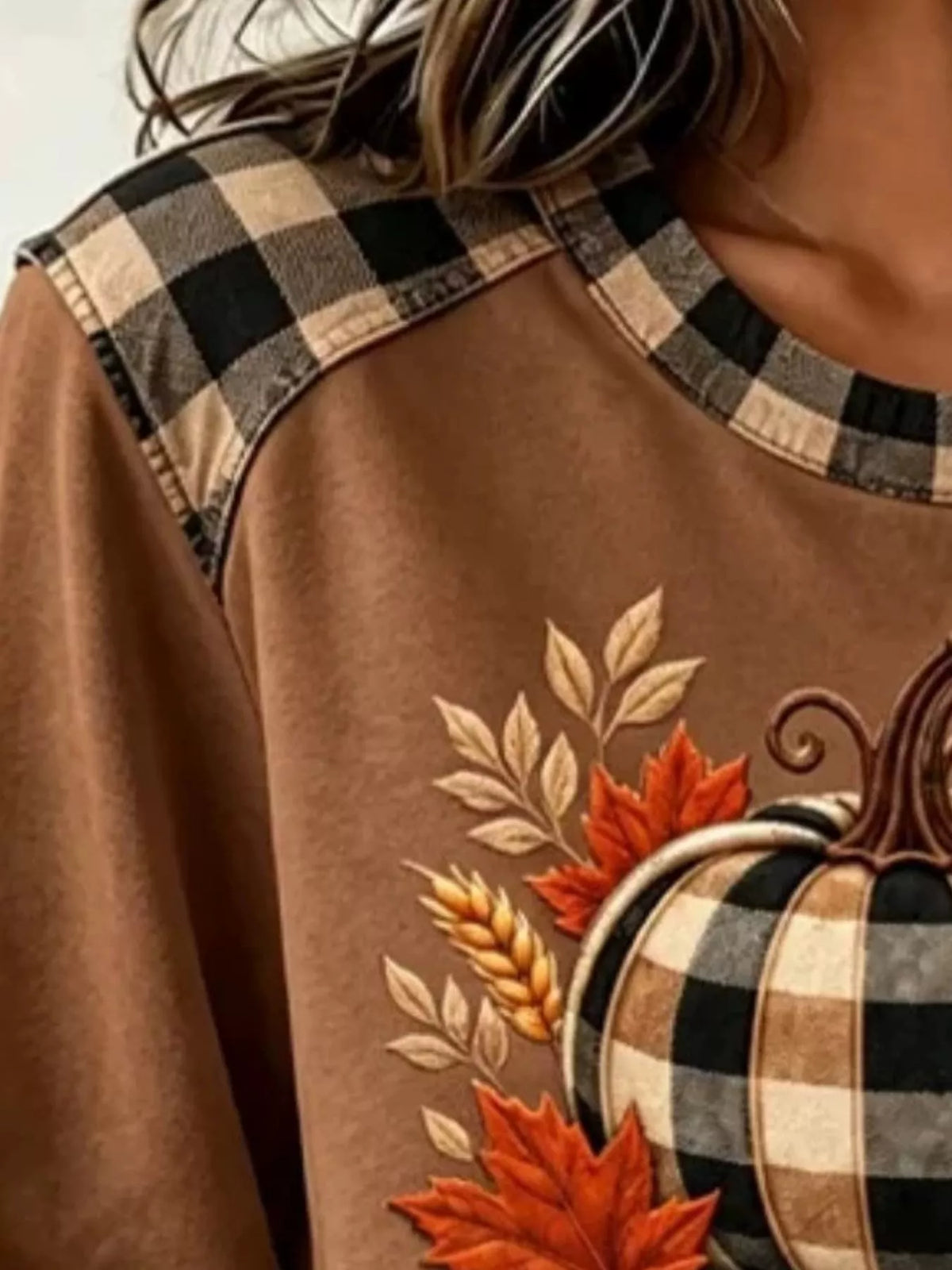 Full Size Pumpkin Plaid Patchwork Long Sleeve Sweatshirt Plus Size - Caramel - View 2
