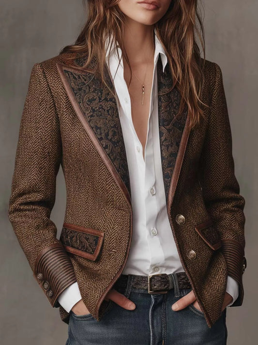 Full Size Lapel Collar Slim Fit Blazer Plus Size - Brown - View 1