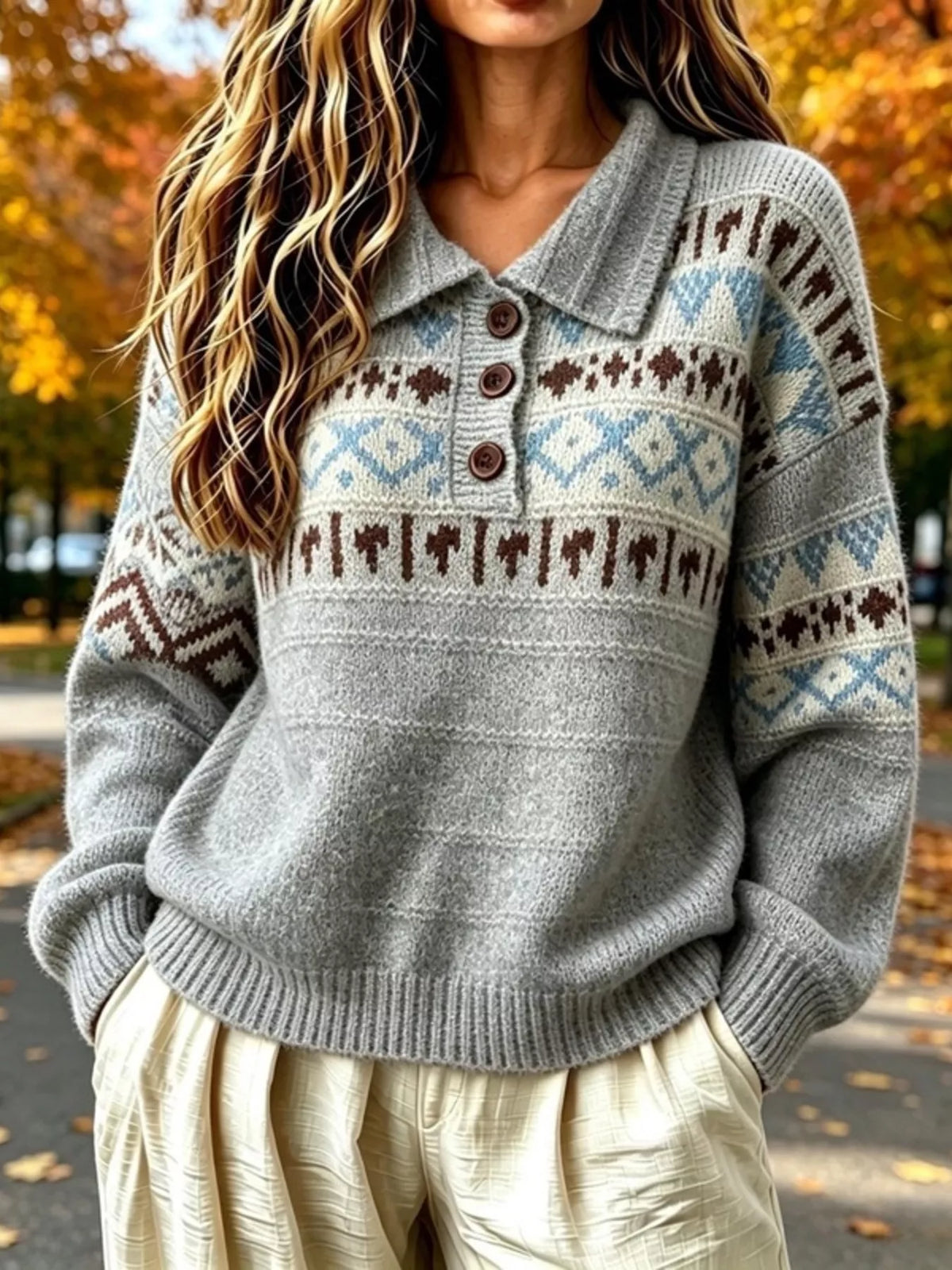 Full Size Vintage Fair Isle Pattern Polo Collar Sweater Plus Size - Gray - View 6