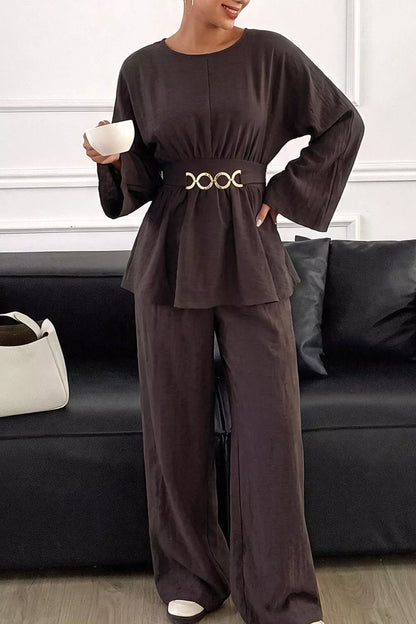 Metal Chain Waist Detail Top and Pants Set - Beige - View 2
