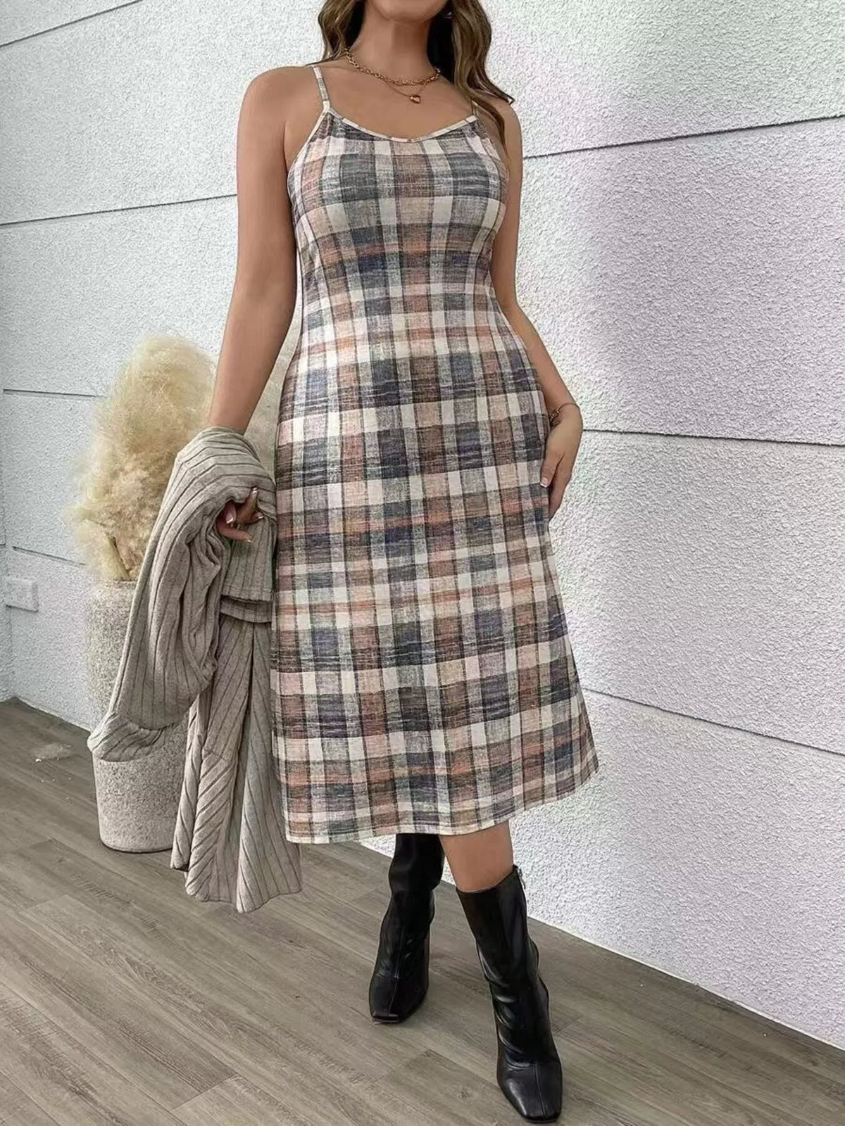 Full Size Ribbed Knit Cardigan and Plaid Dress Two-Piece Set Plus Size - Light Gray - View 4