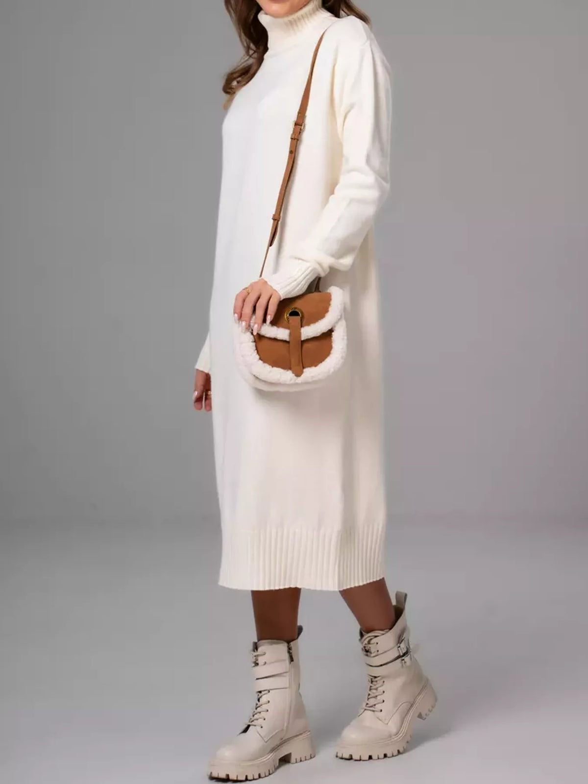 Turtleneck Ribbed Knit Sweater Dress - White - View 11