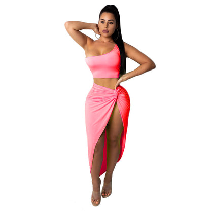Two piece pleated solid color skirt set