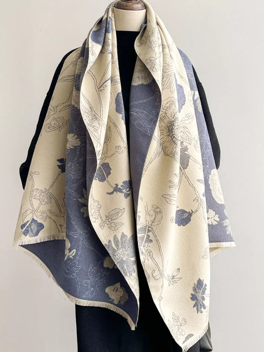 Floral Print Reversible Scarf - Blue - View 1
