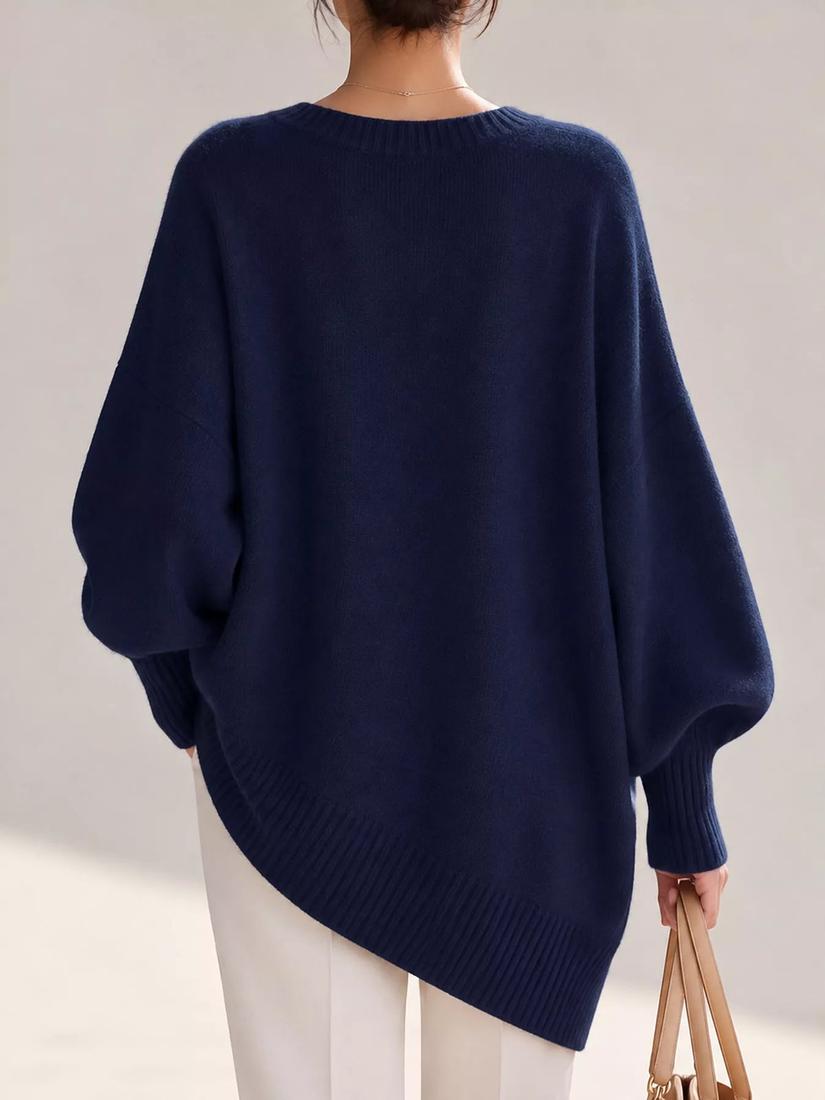 Full Size V-Neck Oversized Batwing Sleeve Sweater Plus Size - Navy - View 18