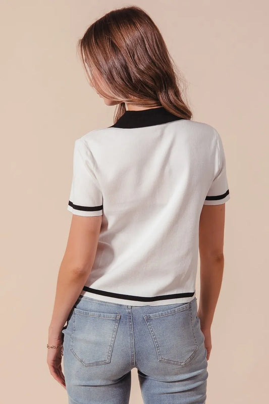 SO ME Button Down Knitted Sweater Shirt Top - IVORY/BLACK - View 2