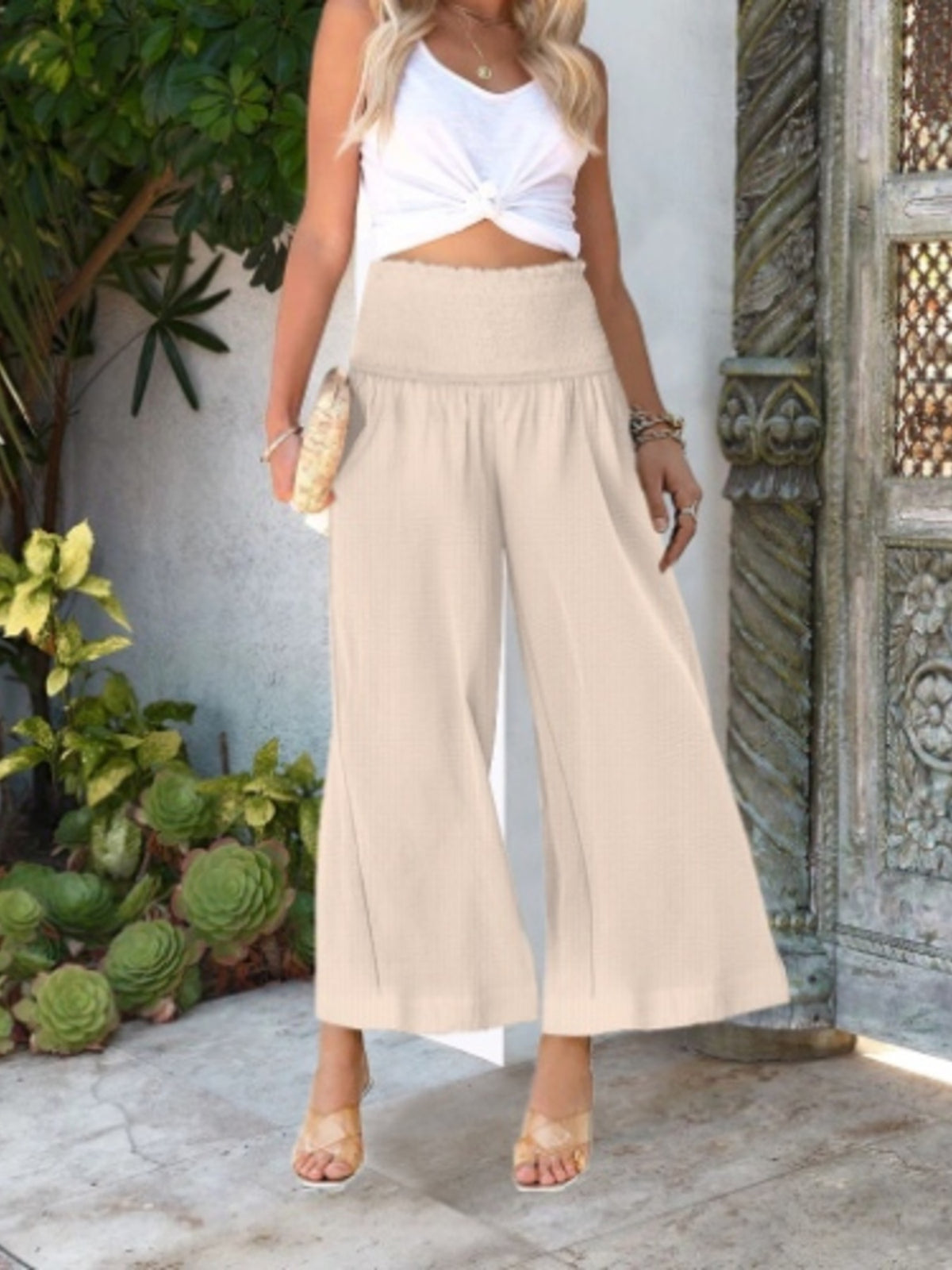 Wide-Leg Smocked Waist Pants - Apricot - View 6