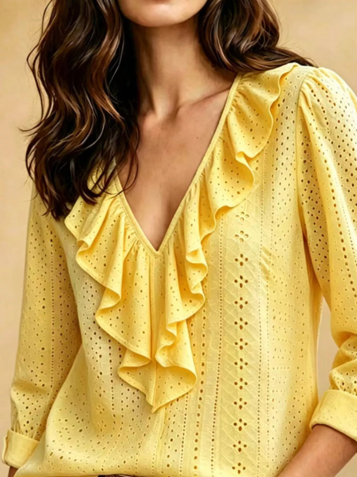Eyelet Ruffle V-Neck Blouse - Yellow - View 2