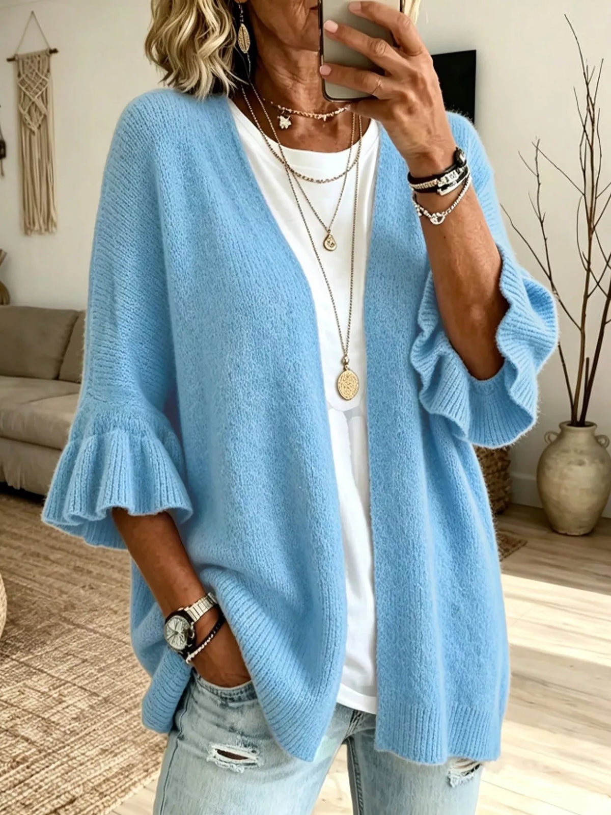 Full Size Ruffle Sleeve Open-Front Cardigan Plus Size - Pastel  Blue - View 6