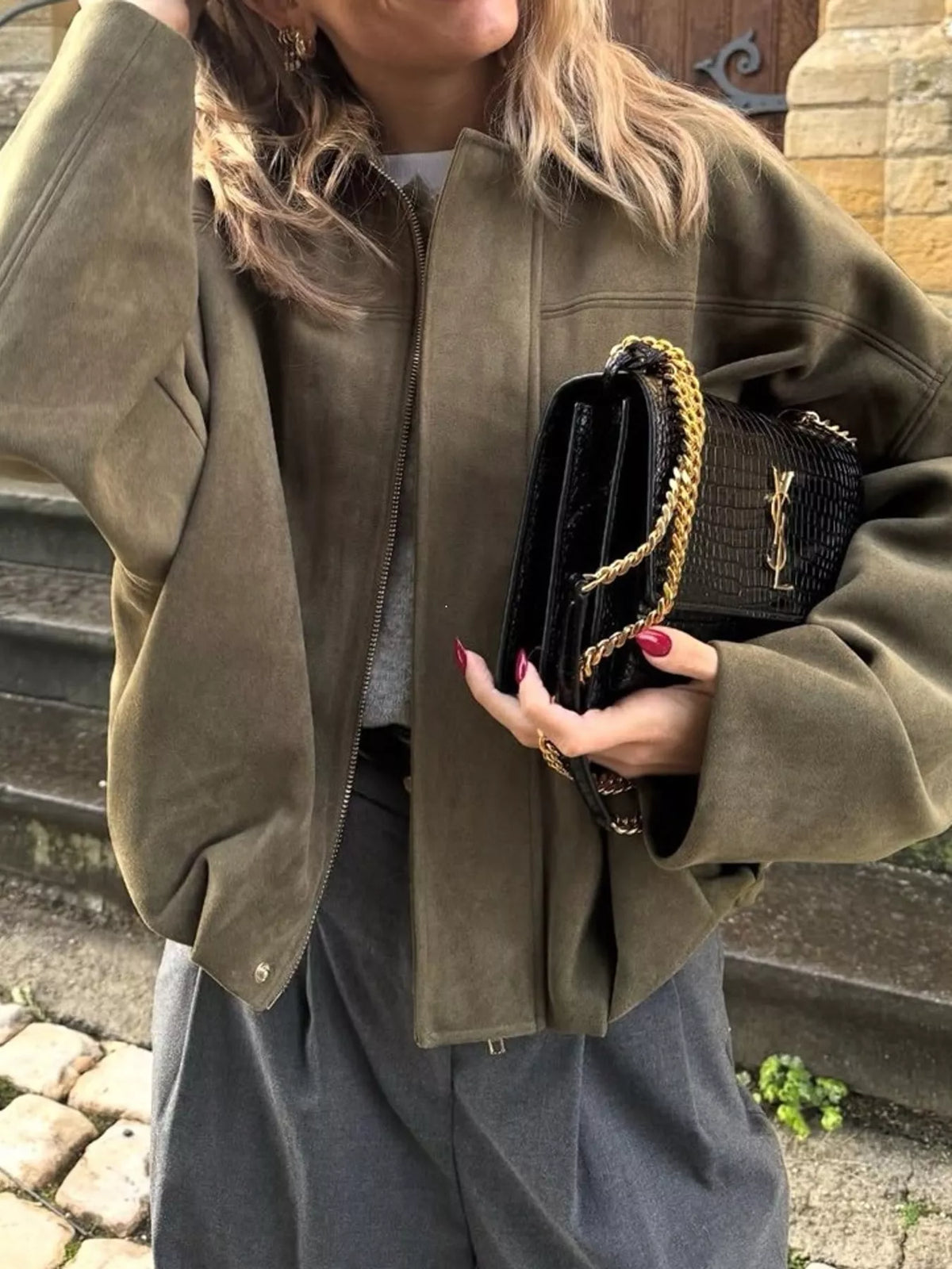 Elastic Hem Batwing Sleeve Jacket - Army Green - View 17
