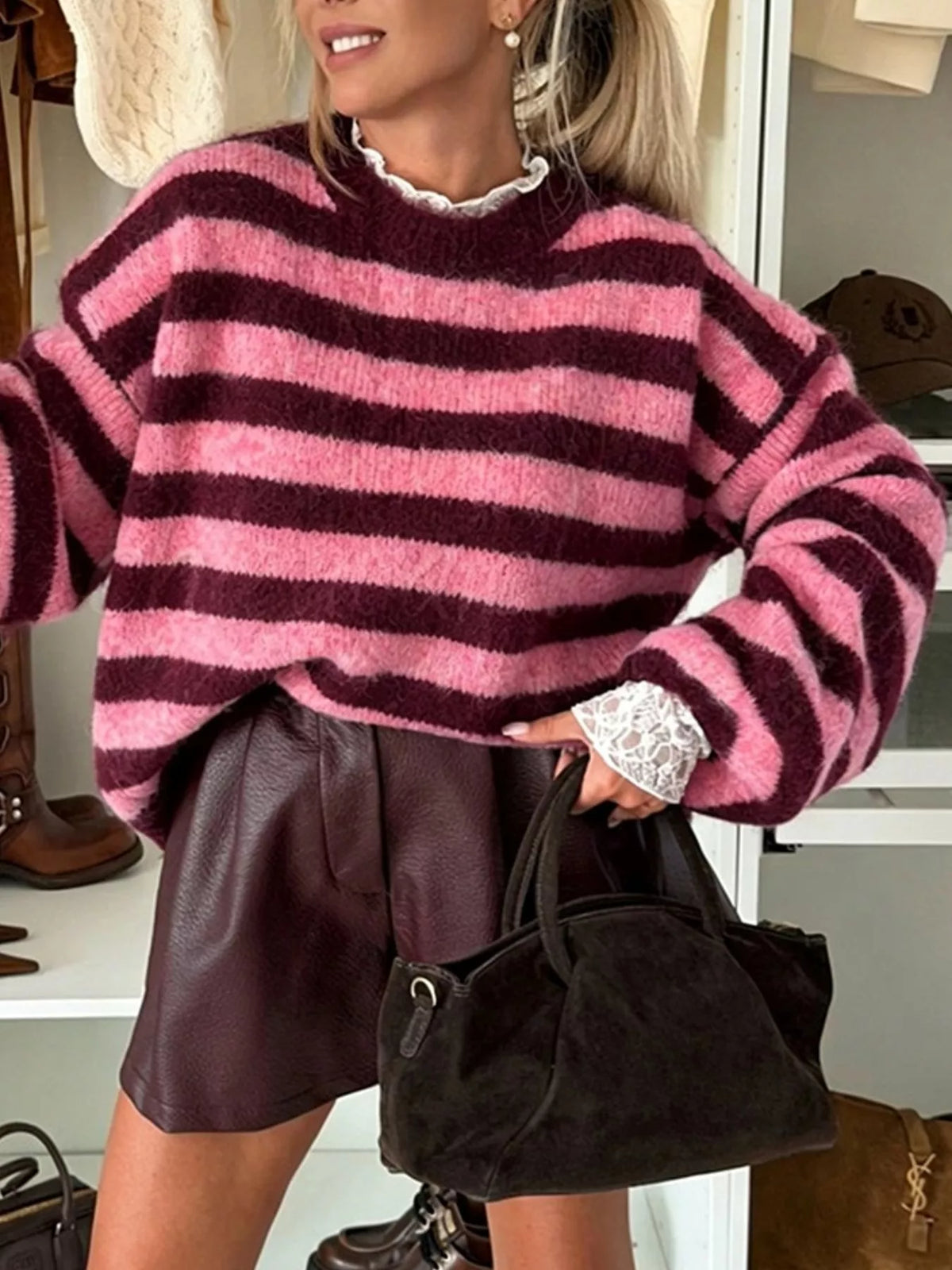 Striped Dropped Shoulder Sweater - Coffee Brown - View 2