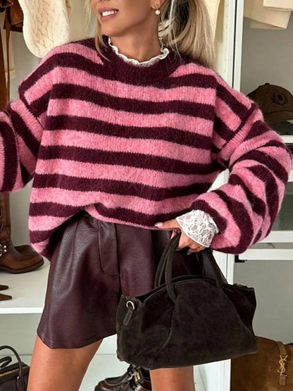 Striped Dropped Shoulder Sweater - Coffee Brown - View 2
