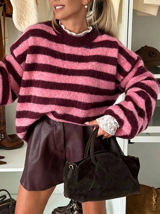 Striped Dropped Shoulder Sweater - Coffee Brown - View 2
