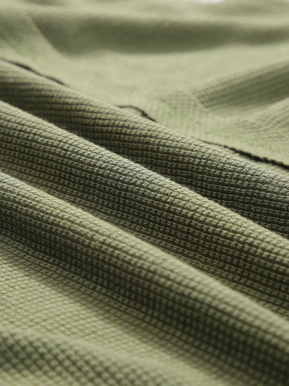 Plaid Patch Waffle Knit Exposed Seam Bubble Sleeve Top - Moss - View 10