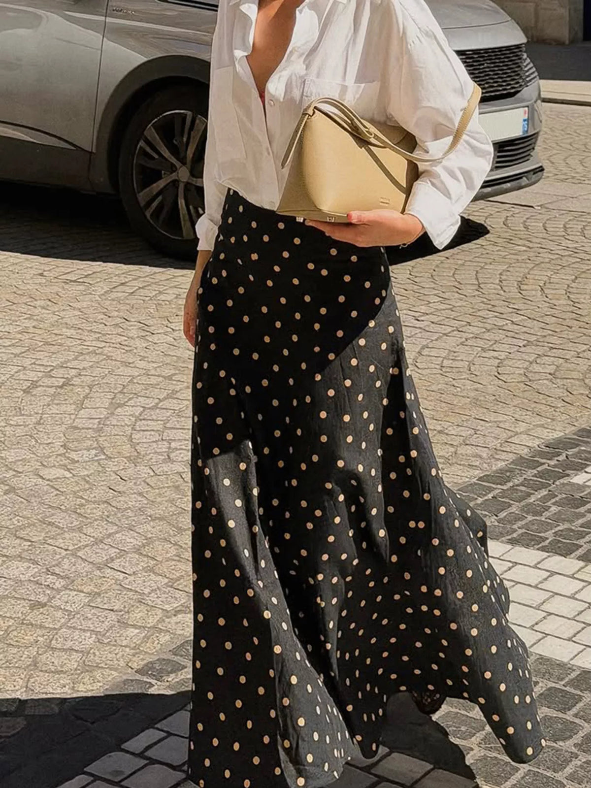 Polka Dot High-Waisted A-Line Skirt - Black - View 1