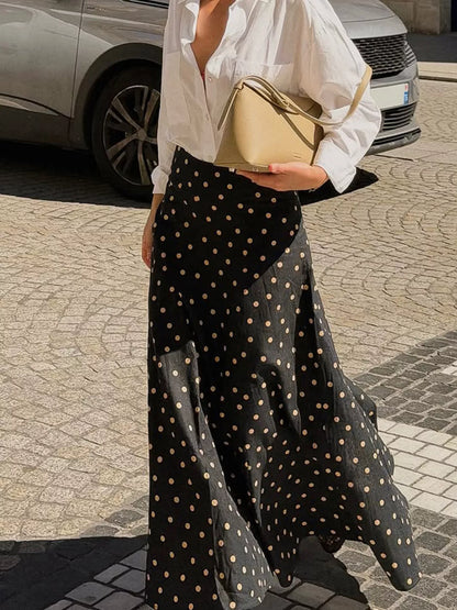 Polka Dot High-Waisted A-Line Skirt - Black - View 1