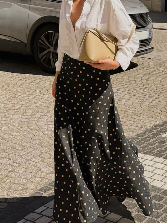 Polka Dot High-Waisted A-Line Skirt - Black - View 1