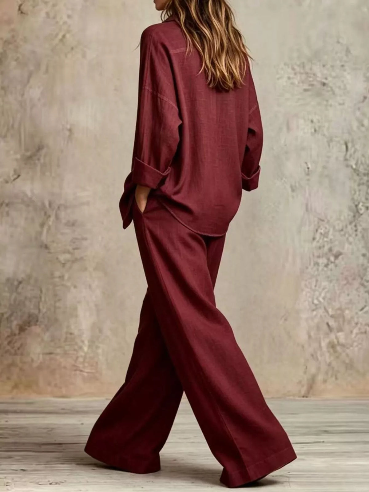 Full Size Button-Down Shirt and Wide-Leg Pants Set Plus Size - Burgundy - View 12