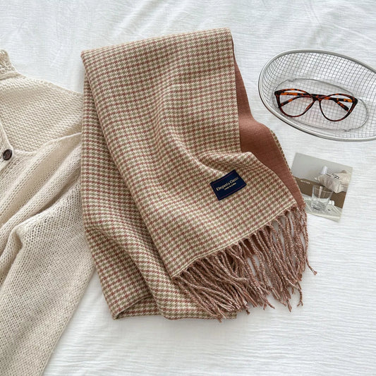 Plaid Fringe Warm Winter Scarf - Tan - View 2