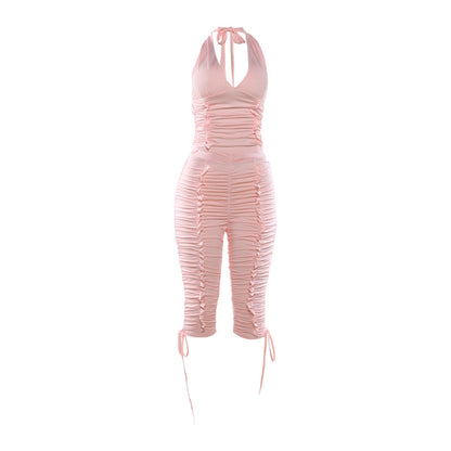 Autumn/Winter new women's sexy deep V-neck halter top with ruched tie, 7/8 pants two-piece set