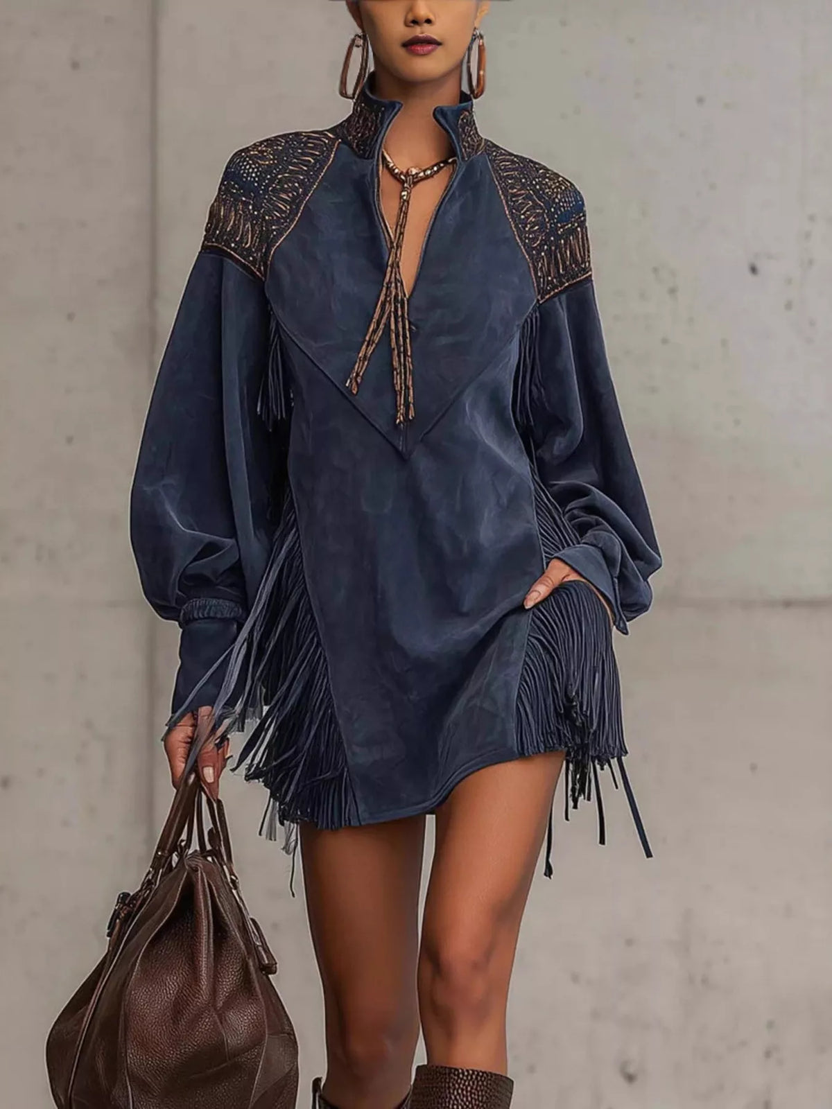 Fringed Lantern Sleeve Mini Dress - Dark Navy - View 1