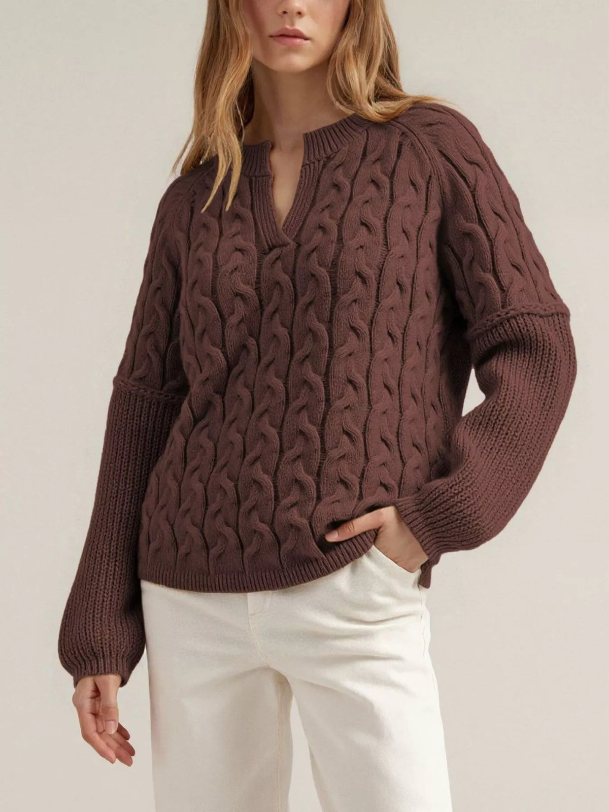Cable-Knit Dropped Shoulder Sweater - Red - View 1