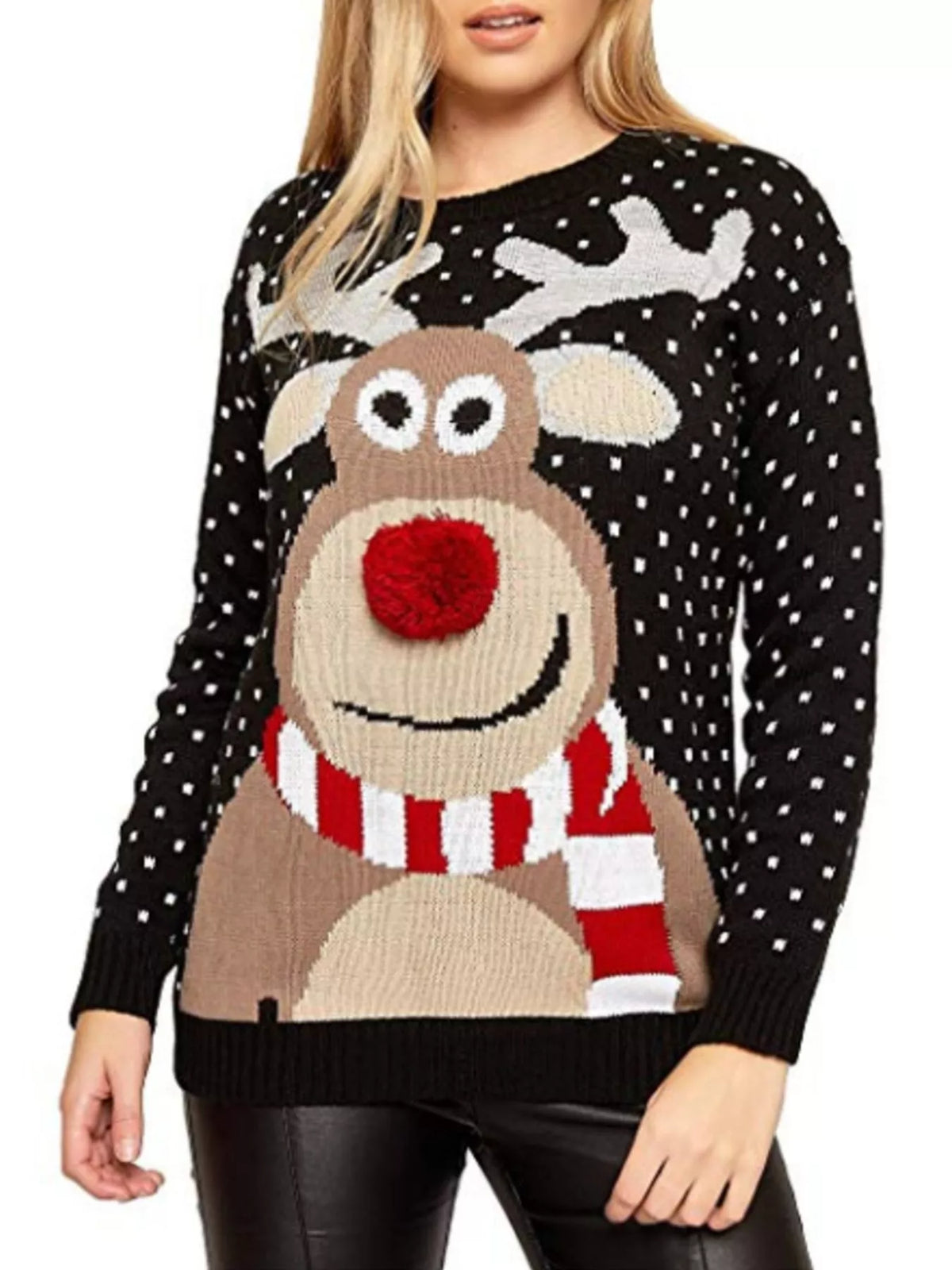 Christmas Reindeer Graphic Round Neck Sweater - Black - View 1