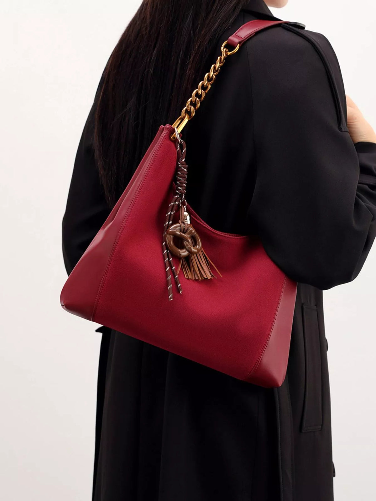 Chain Strap Tassel Charm Shoulder Bag - Wine Red - View 9