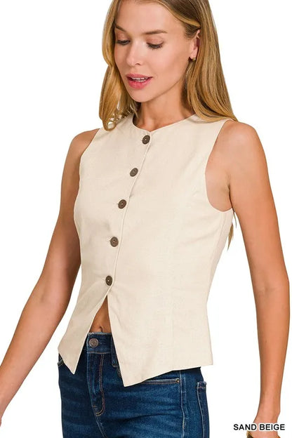 Zenana Linen Button Down Vest - SAND BEIGE - View 2