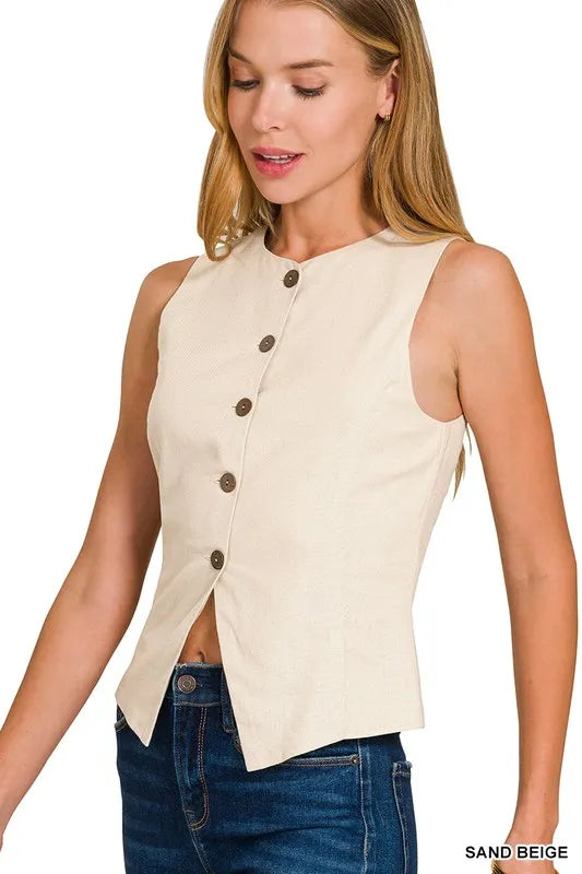 Zenana Linen Button Down Vest - SAND BEIGE - View 2