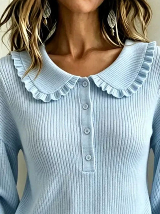 Full Size Ruffle Collar Button Detail Sweater Plus Size - Sky Blue - View 2