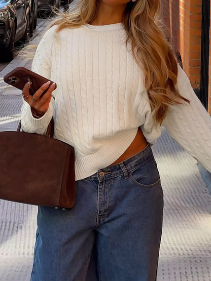 Cable-Knit Crew Neck Sweater - Apricot Color - View 1