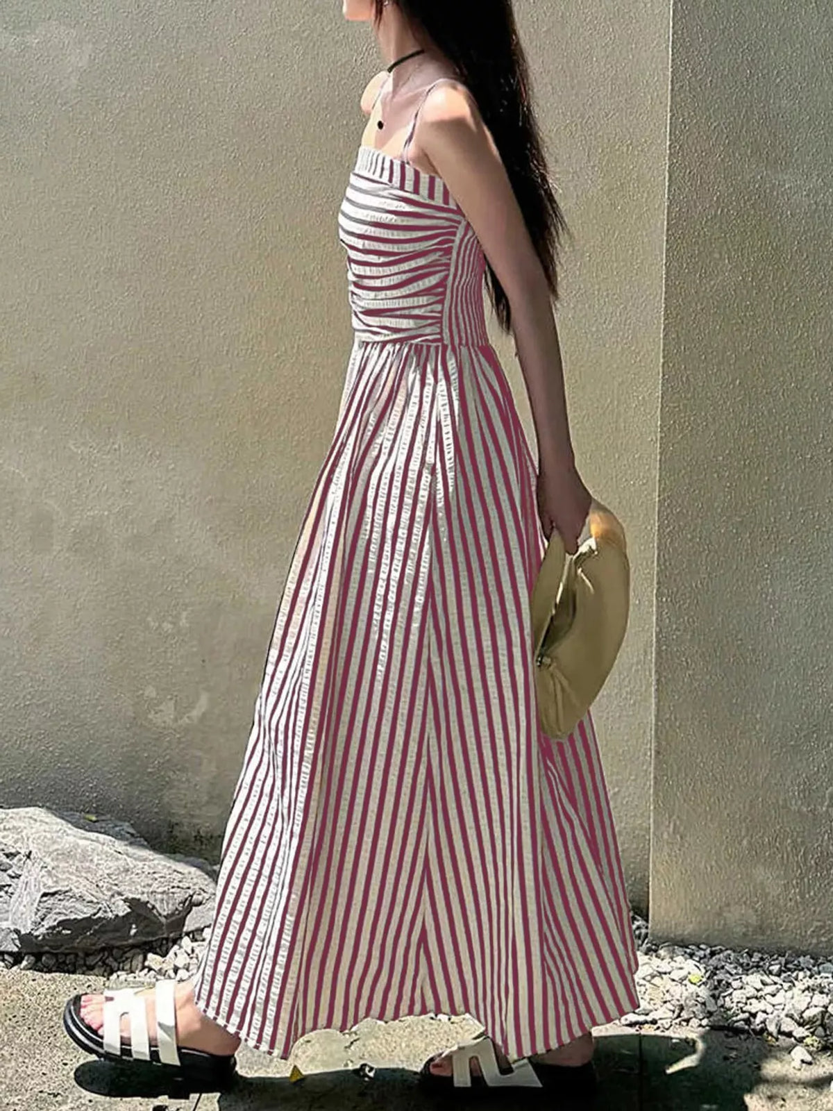 Striped Spaghetti Strap A-Line Maxi Dress - Pink - View 9