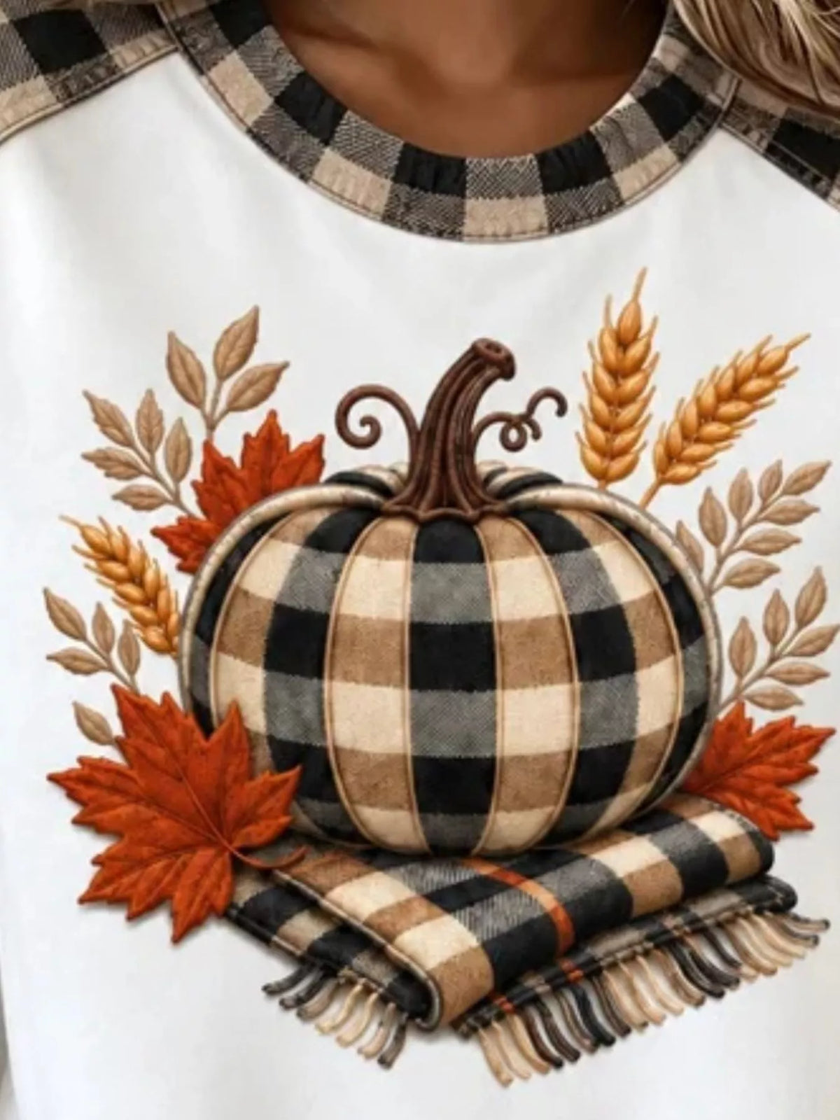 Full Size Pumpkin Plaid Patchwork Long Sleeve Sweatshirt Plus Size - White - View 2