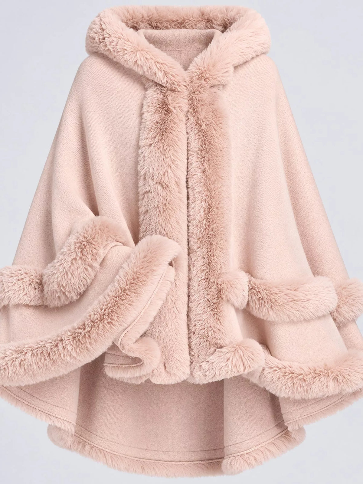 Faux Fur Trimmed Hooded Cape - Pink - View 5