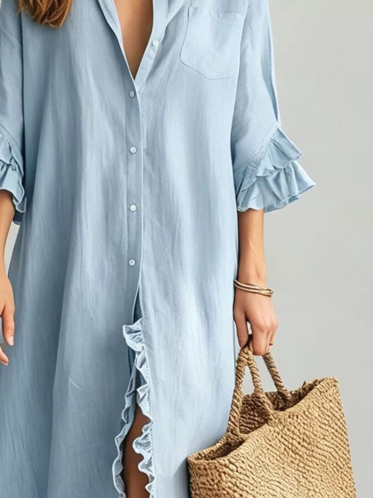Full Size Ruffled Trim Button-Down Maxi Shirt Dress Plus Size - Light Blue - View 2