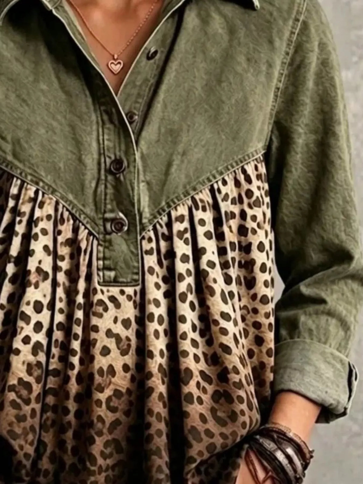 Full Size Leopard Button Detail Blouse Plus Size - Dark Green - View 3