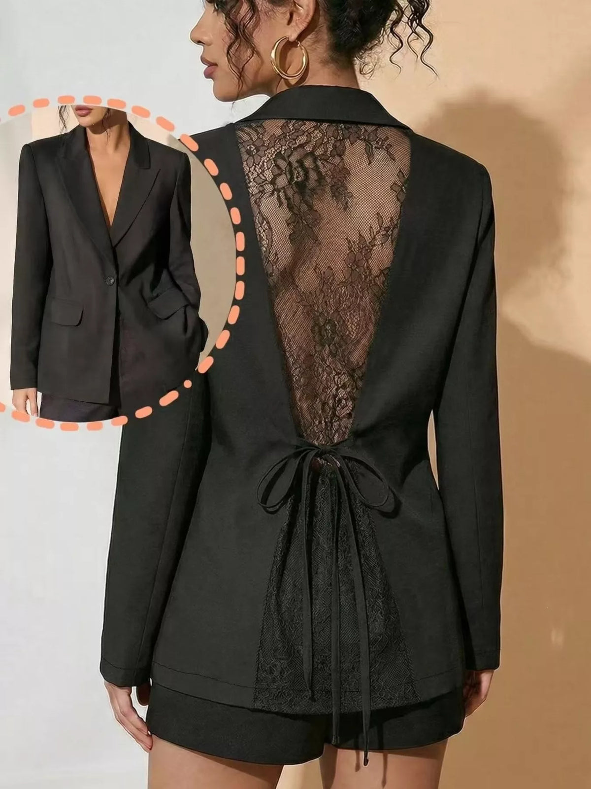 Lace-Back One Button Blazer - Black - View 3