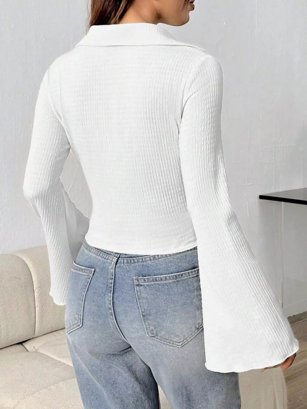 Button Up Flare Sleeve Shirt - White - View 24