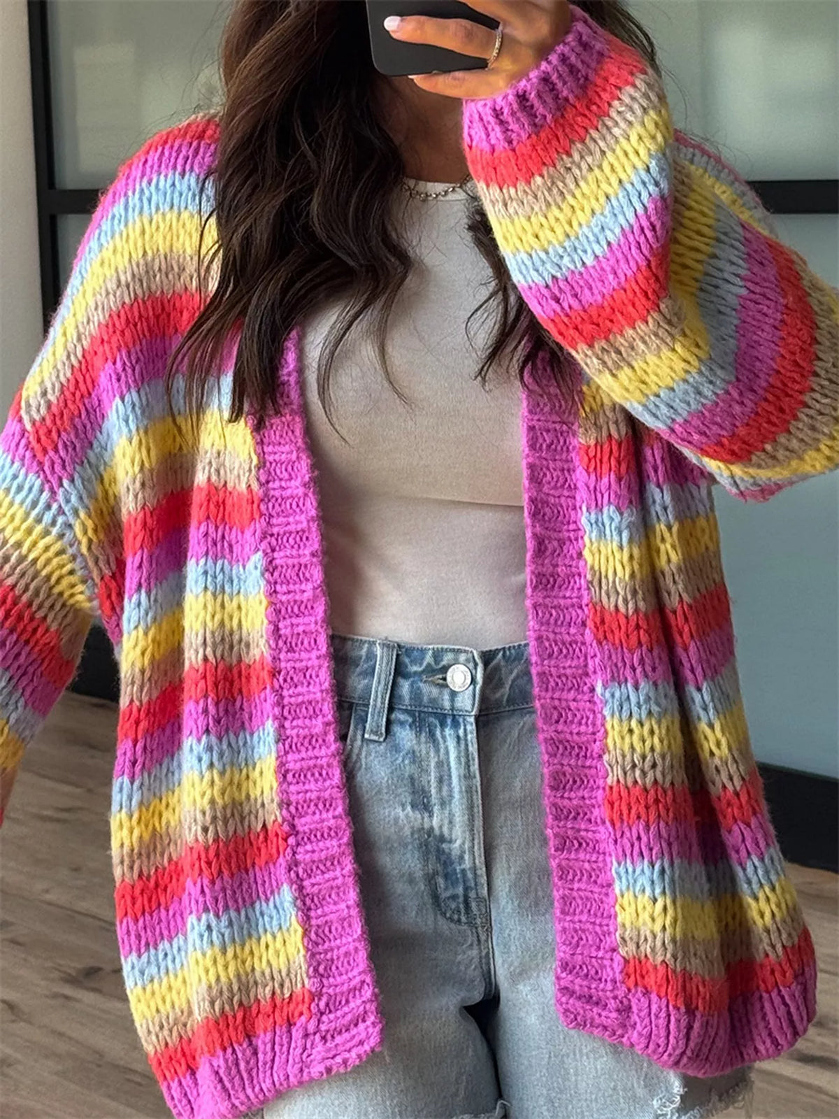 Multi-Color Striped Chunky Knit Open-Front Cardigan - Fuchsia Pink - View 1