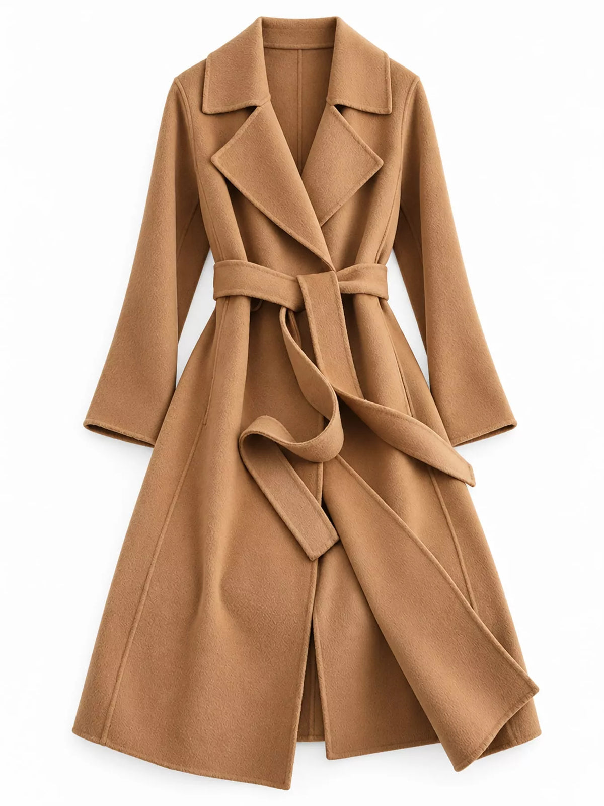 Longline Wool Coat with Waist-Defining Belt - Camel - View 2