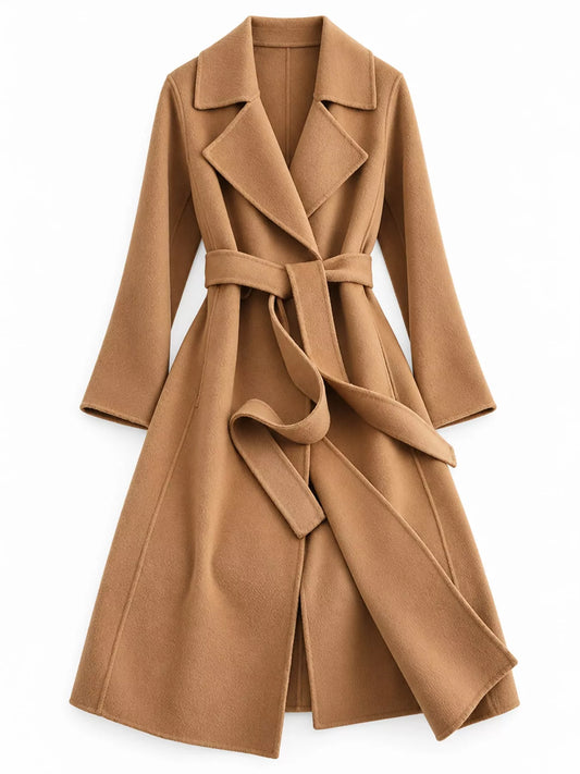 Longline Wool Coat with Waist-Defining Belt - Camel - View 2