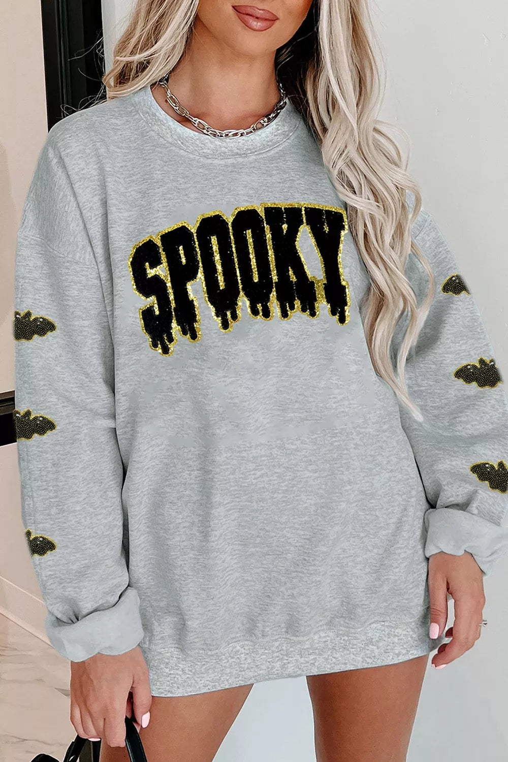 Sequin SPOOKY Halloween Bat Embellished Sleeve Pullover Sweatshirt - Gray - View 2