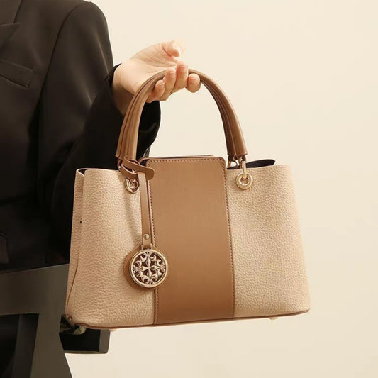 Two-Tone Leather Top Handle Handbag - Khaki - View 2