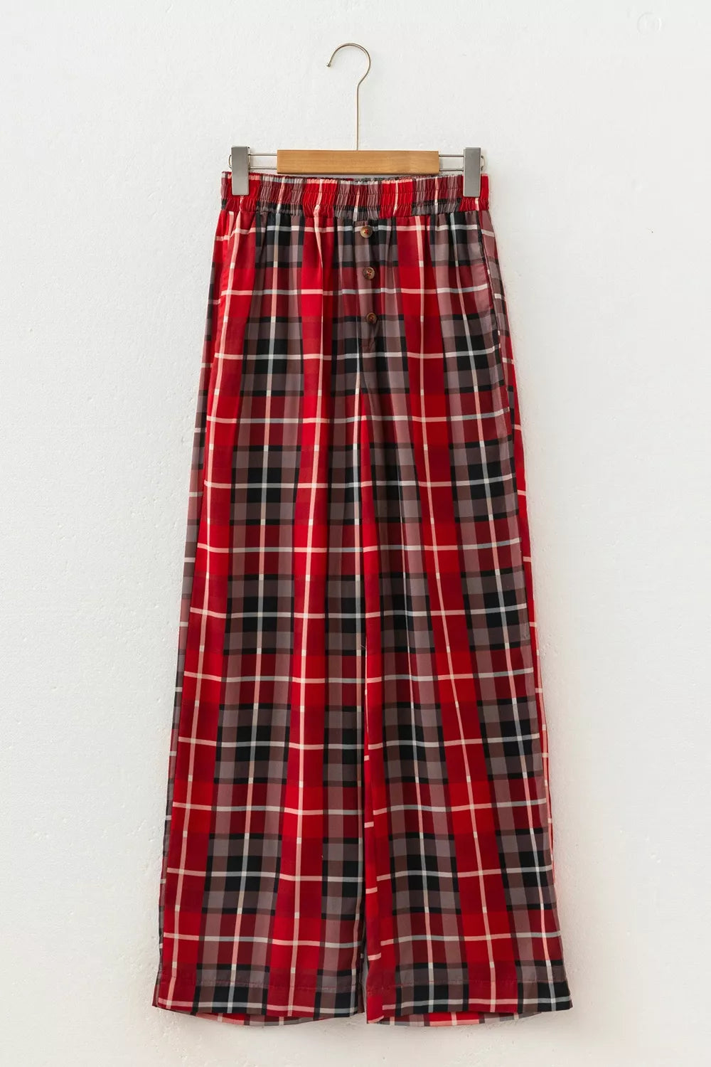 Plaid Elastic Waist Pocket Regular Full-Length Pants - Burgundy - View 6