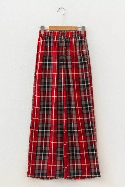 Plaid Elastic Waist Pocket Regular Full-Length Pants - Burgundy - View 6