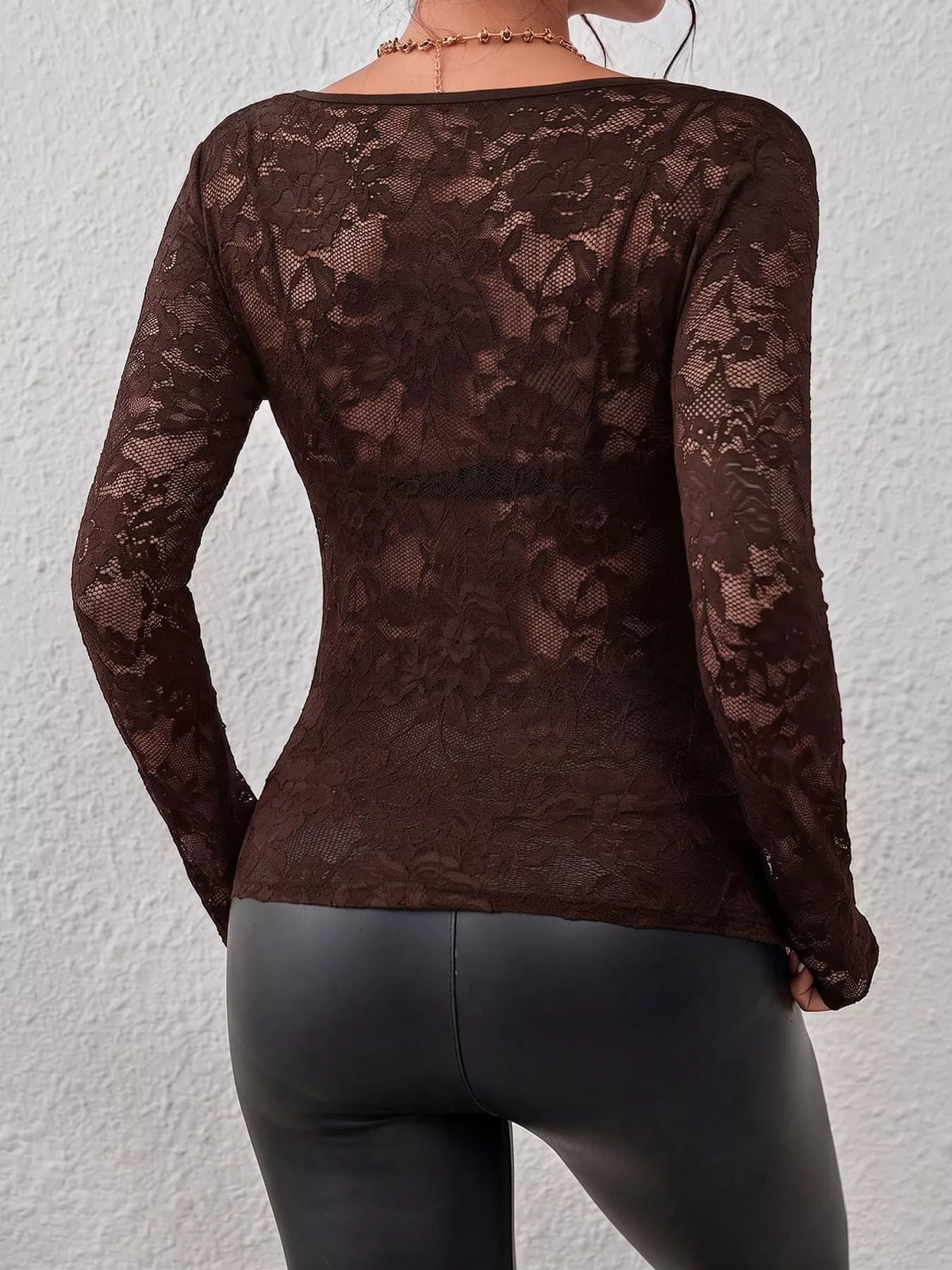 Lace V-Neck Long Sleeve Top - Coffee - View 31